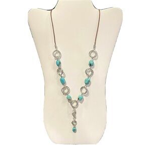 Drop Necklace Leather Chain Turquoise Beads Silver Tone Aluminum Links Boho